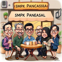 A lively and humorous caricature of a reunion event at SMPK Pancasila in 2025, set in front of a charming coffee shop