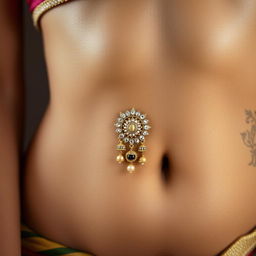 Close-up of a beautiful Indian woman’s midsection with focus on her exquisite navel adorned with traditional Indian jewelry