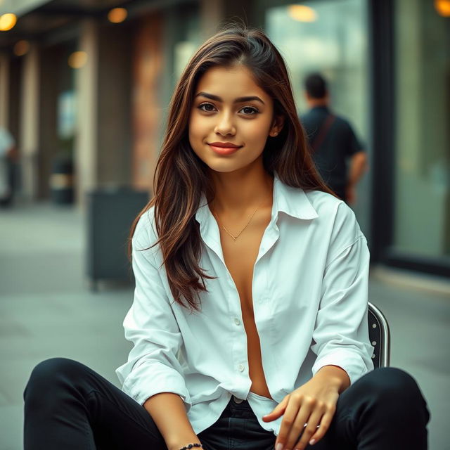 A teenage girl sitting confidently on a chair