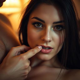 A suggestive and sensual scene capturing a close-up view of a woman with an alluring expression