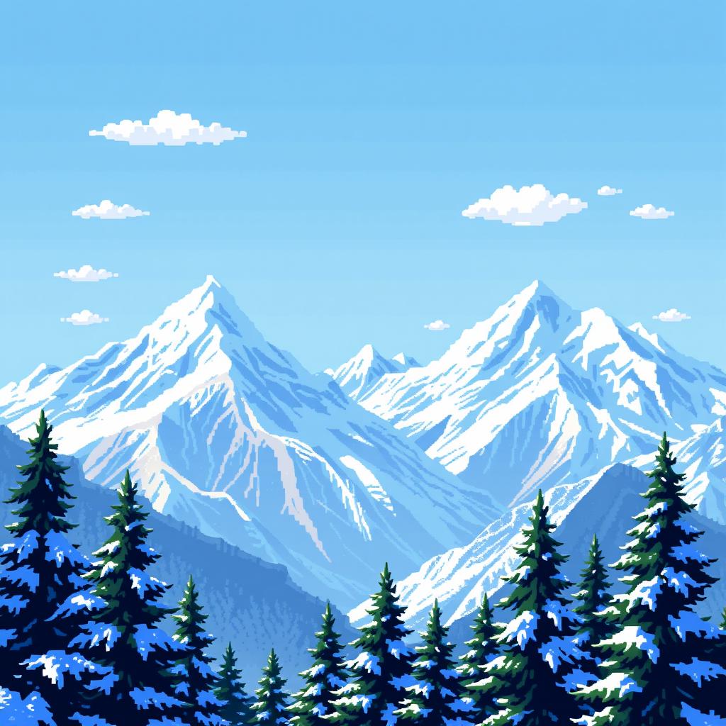 A pixel art scene showcasing majestic snow-capped mountains