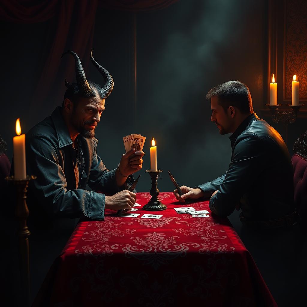 A mysterious and thrilling scene depicting a game of cards with the devil