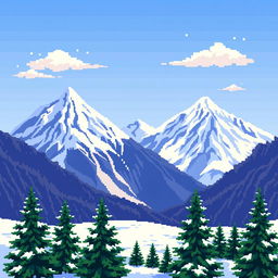 A pixel art scene showcasing majestic snow-capped mountains