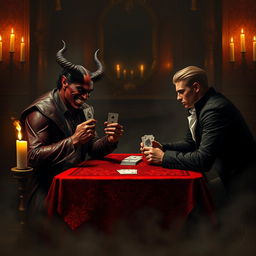 A mysterious and thrilling scene depicting a game of cards with the devil