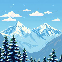 A pixel art scene showcasing majestic snow-capped mountains