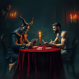 A mysterious and thrilling scene depicting a game of cards with the devil