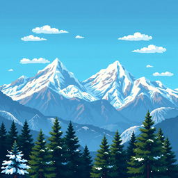 A pixel art scene showcasing majestic snow-capped mountains