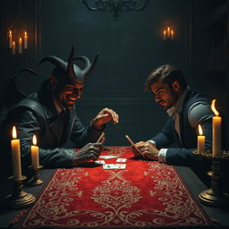 A mysterious and thrilling scene depicting a game of cards with the devil