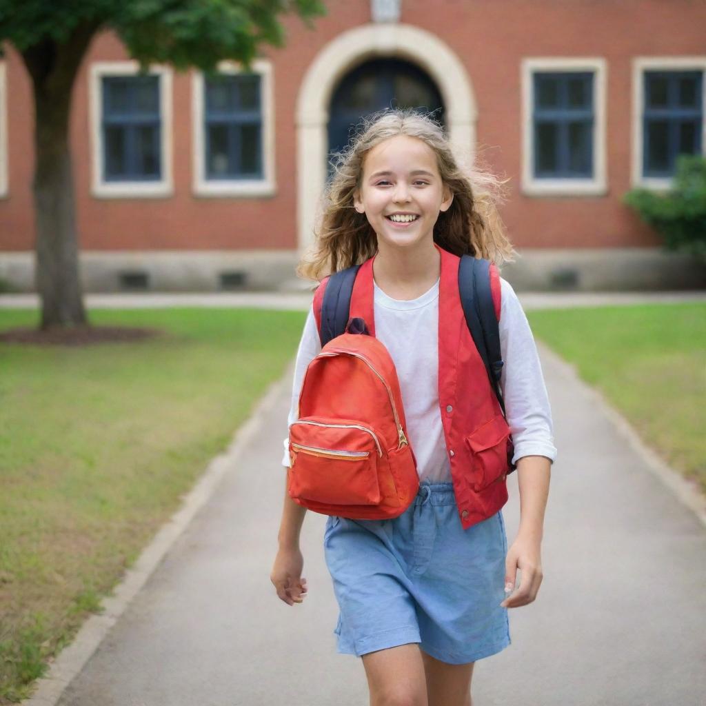 A cheerful young girl wearing a bright backpack, happily walking on a path leading to a charming school building, exuding an aura of excitement and curiosity.