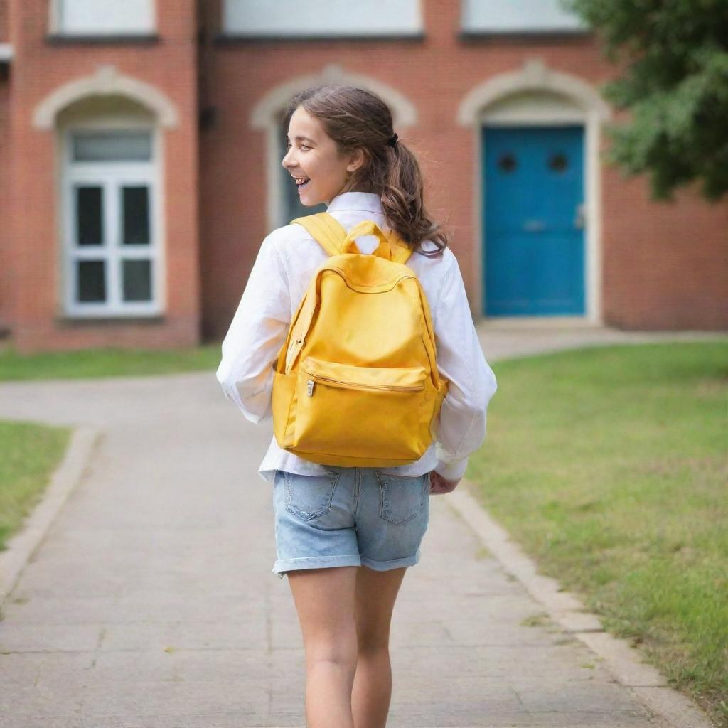 A cheerful young girl wearing a bright backpack, happily walking on a path leading to a charming school building, exuding an aura of excitement and curiosity.