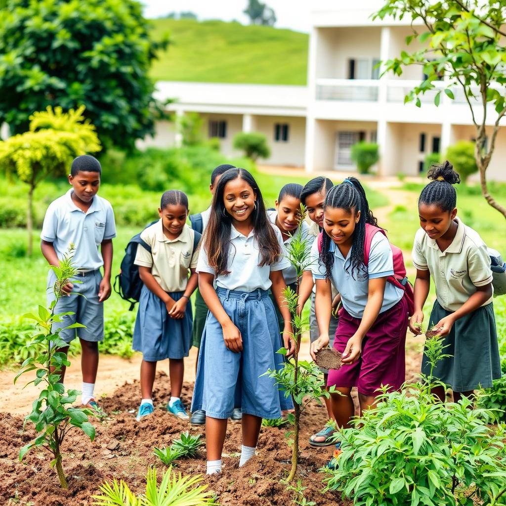 A group of 8 Ethiopian middle school students, actively engaged in cleaning and beautifying their green school compound