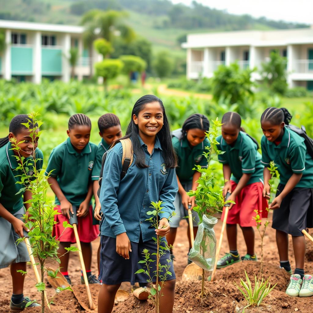 A group of 8 Ethiopian middle school students, actively engaged in cleaning and beautifying their green school compound