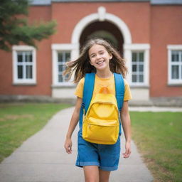 A cheerful young girl wearing a bright backpack, happily walking on a path leading to a charming school building, exuding an aura of excitement and curiosity.