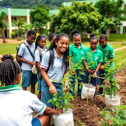 A group of 8 Ethiopian middle school students, actively engaged in cleaning and beautifying their green school compound