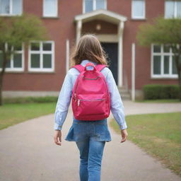 A cheerful young girl wearing a bright backpack, happily walking on a path leading to a charming school building, exuding an aura of excitement and curiosity.