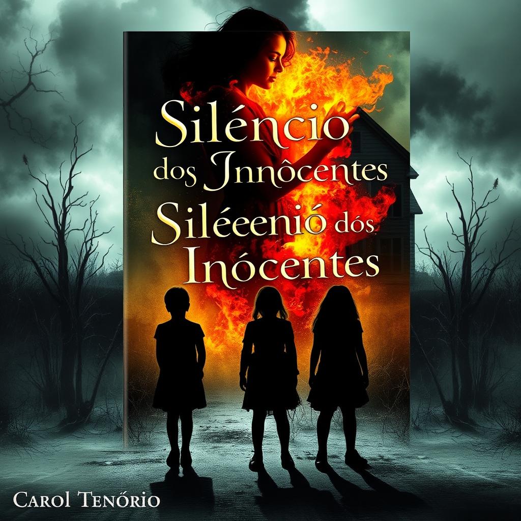 A haunting book cover for a horror novel titled "Silêncio dos Inocentes" by Carol Tenório