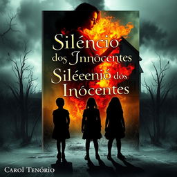 A haunting book cover for a horror novel titled "Silêncio dos Inocentes" by Carol Tenório