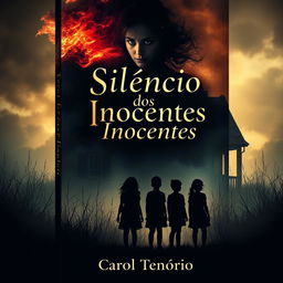 A haunting book cover for a horror novel titled "Silêncio dos Inocentes" by Carol Tenório