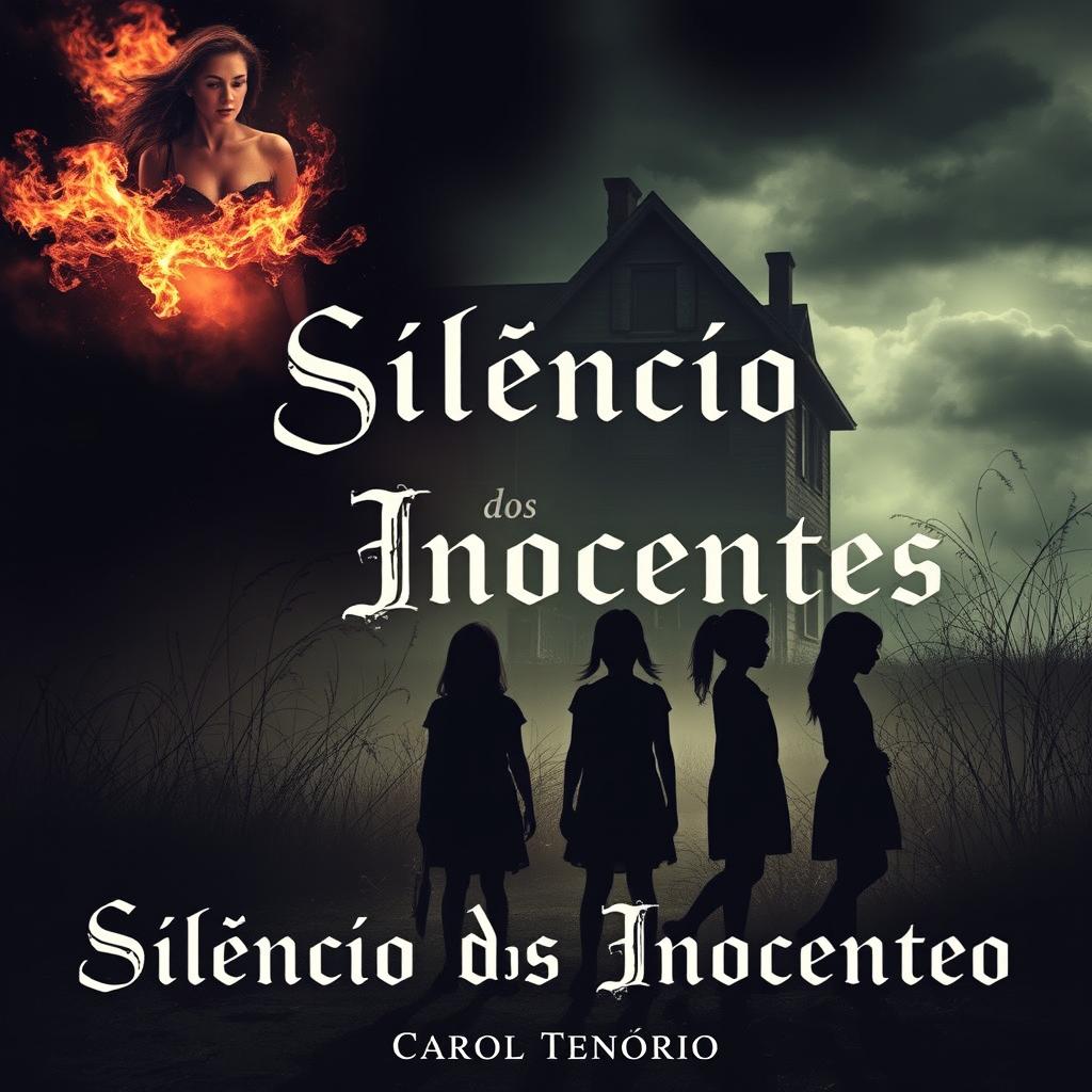 A haunting book cover for a horror novel titled "Silêncio dos Inocentes" by Carol Tenório