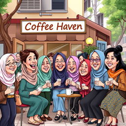 A lively caricature of the SMPK Pancasila reunion event in 2025, featuring a majority of women gathered