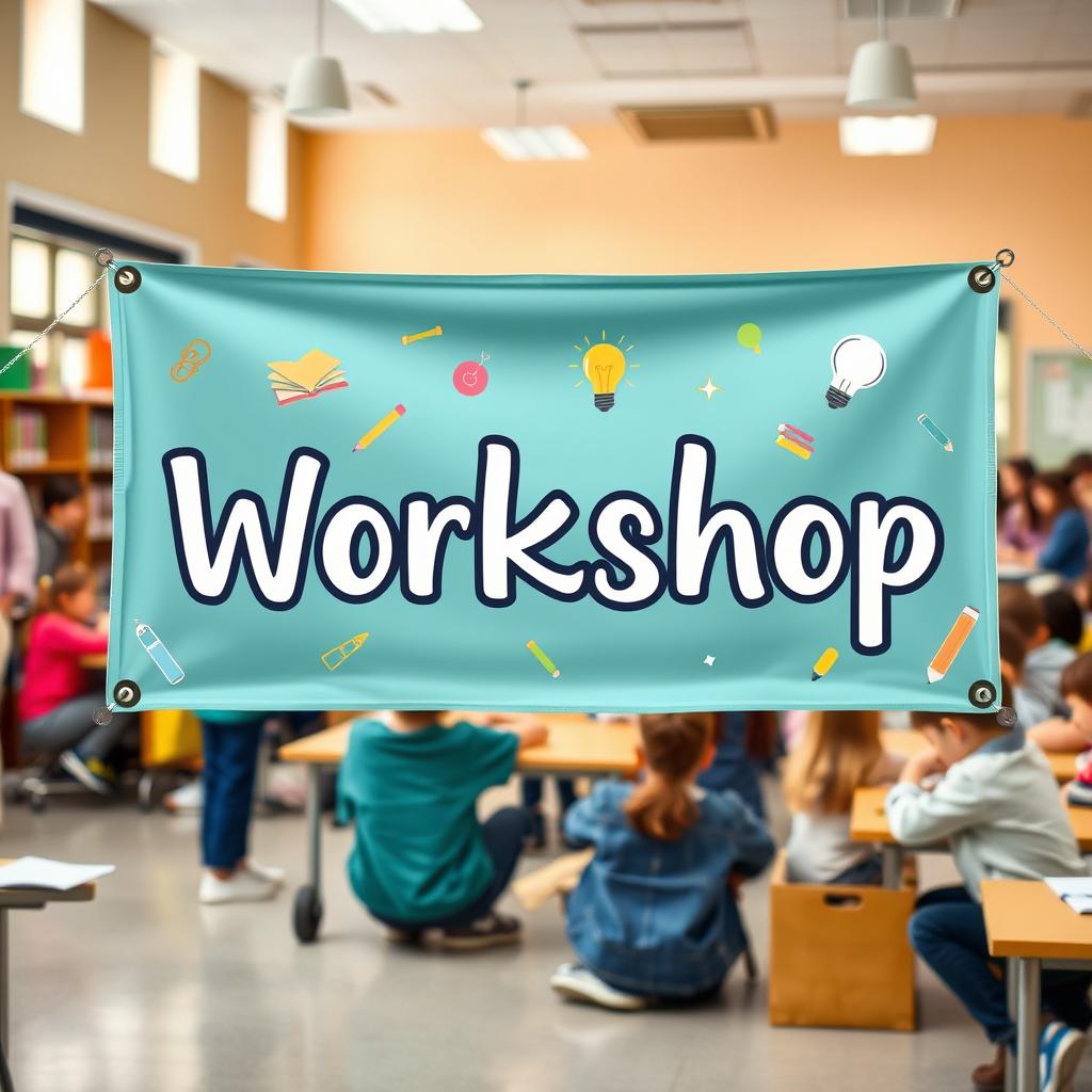 A banner designed to represent a school workshop, displayed prominently in an educational setting