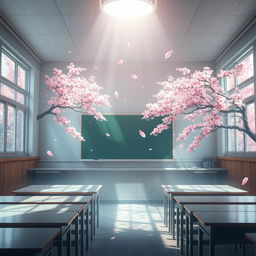 A surreal scene at a Japanese classroom where the focus is on mystical light emanating from the ceiling, casting an ethereal glow over the empty desks and chalkboard