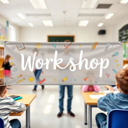 A banner designed to represent a school workshop, displayed prominently in an educational setting