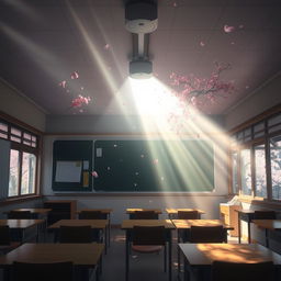 A surreal scene at a Japanese classroom where the focus is on mystical light emanating from the ceiling, casting an ethereal glow over the empty desks and chalkboard