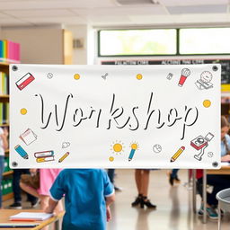 A banner designed to represent a school workshop, displayed prominently in an educational setting