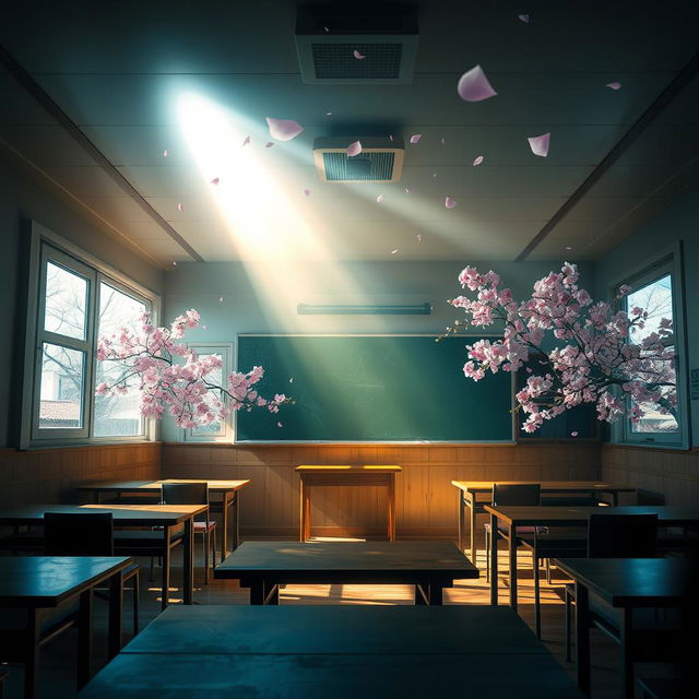 A surreal scene at a Japanese classroom where the focus is on mystical light emanating from the ceiling, casting an ethereal glow over the empty desks and chalkboard