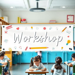 A banner designed to represent a school workshop, displayed prominently in an educational setting