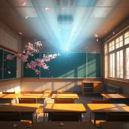 A surreal scene at a Japanese classroom where the focus is on mystical light emanating from the ceiling, casting an ethereal glow over the empty desks and chalkboard