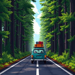 A pixel art scene featuring a car with large visible pixels driving along a forest road