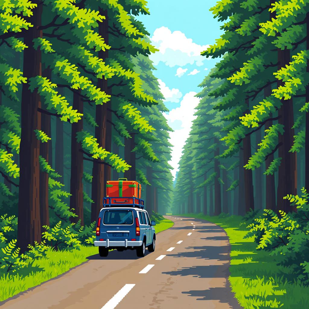 A pixel art scene featuring a car with large visible pixels driving along a forest road