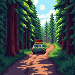 A pixel art scene featuring a car with large visible pixels driving along a forest road