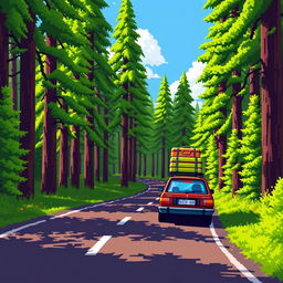 A pixel art scene featuring a car with large visible pixels driving along a forest road