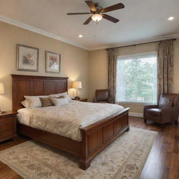 A master bedroom boasting warm wooden furniture, a beautifully crafted wooden bed with high-quality matching furnishings and a polished hardwood floor.