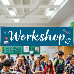 A banner designed for a high school workshop, displayed prominently in an educational setting