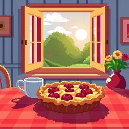 pixel art of an apple pie on a table with large visible pixels, two cups placed nearby, an open window in the background revealing a sunny day