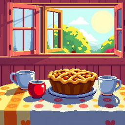 pixel art of an apple pie on a table with large visible pixels, two cups placed nearby, an open window in the background revealing a sunny day