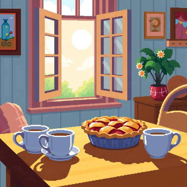 pixel art of an apple pie on a table with large visible pixels, two cups placed nearby, an open window in the background revealing a sunny day