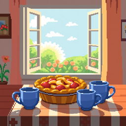 pixel art of an apple pie on a table with large visible pixels, two cups placed nearby, an open window in the background revealing a sunny day