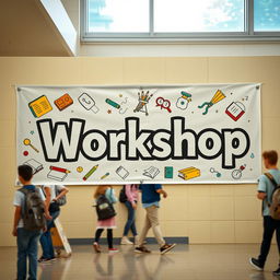 A banner titled 'Workshop' prominently displayed on the wall of a high school