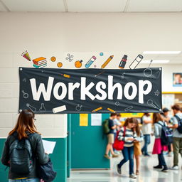 A banner titled 'Workshop' prominently displayed on the wall of a high school