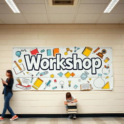 A banner titled 'Workshop' prominently displayed on the wall of a high school