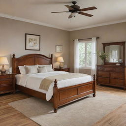 A master bedroom boasting warm wooden furniture, a beautifully crafted wooden bed with high-quality matching furnishings and a polished hardwood floor.