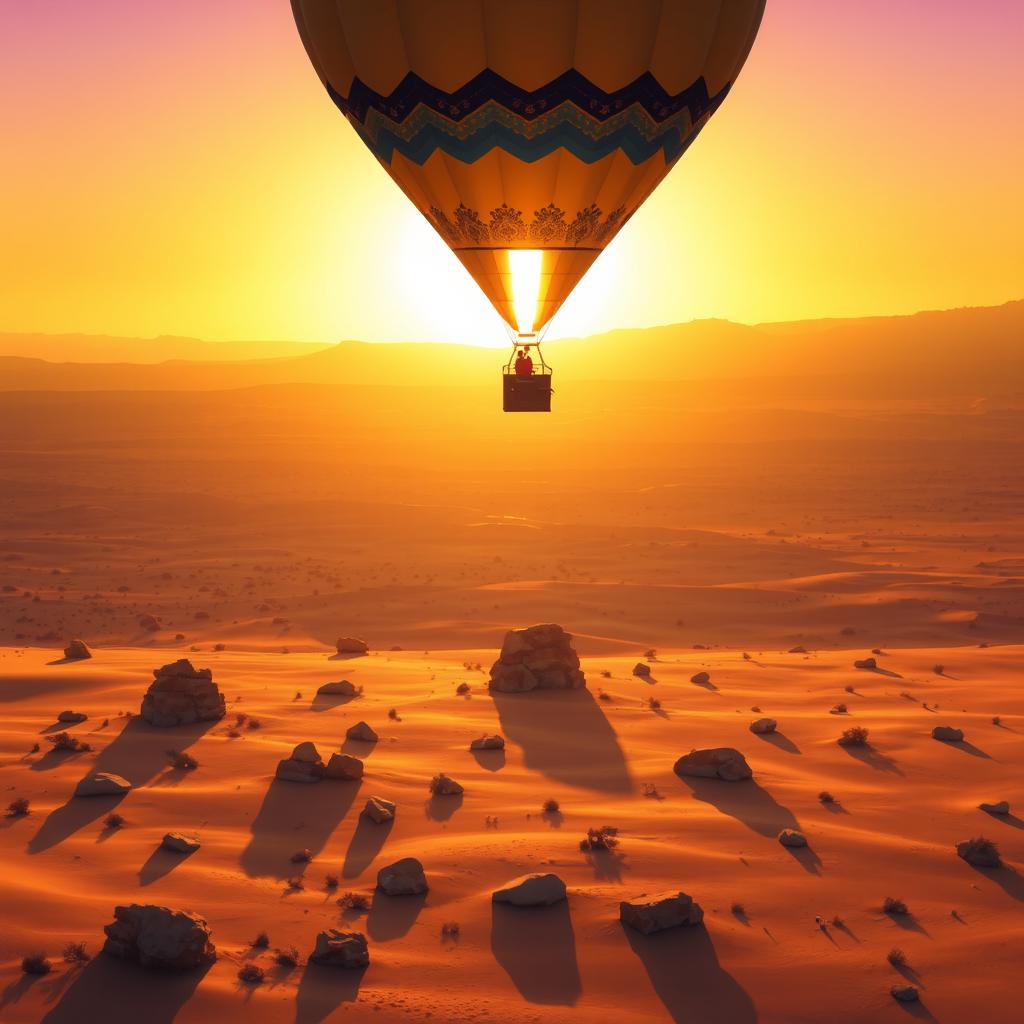 A hot air balloon soaring gracefully above a sunlit desert, with large, distinct pixel art style