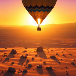A hot air balloon soaring gracefully above a sunlit desert, with large, distinct pixel art style