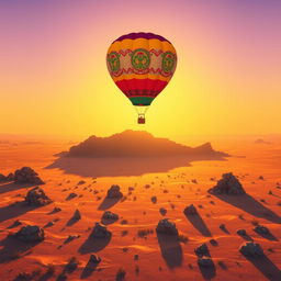 A hot air balloon soaring gracefully above a sunlit desert, with large, distinct pixel art style