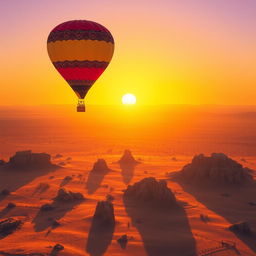 A hot air balloon soaring gracefully above a sunlit desert, with large, distinct pixel art style